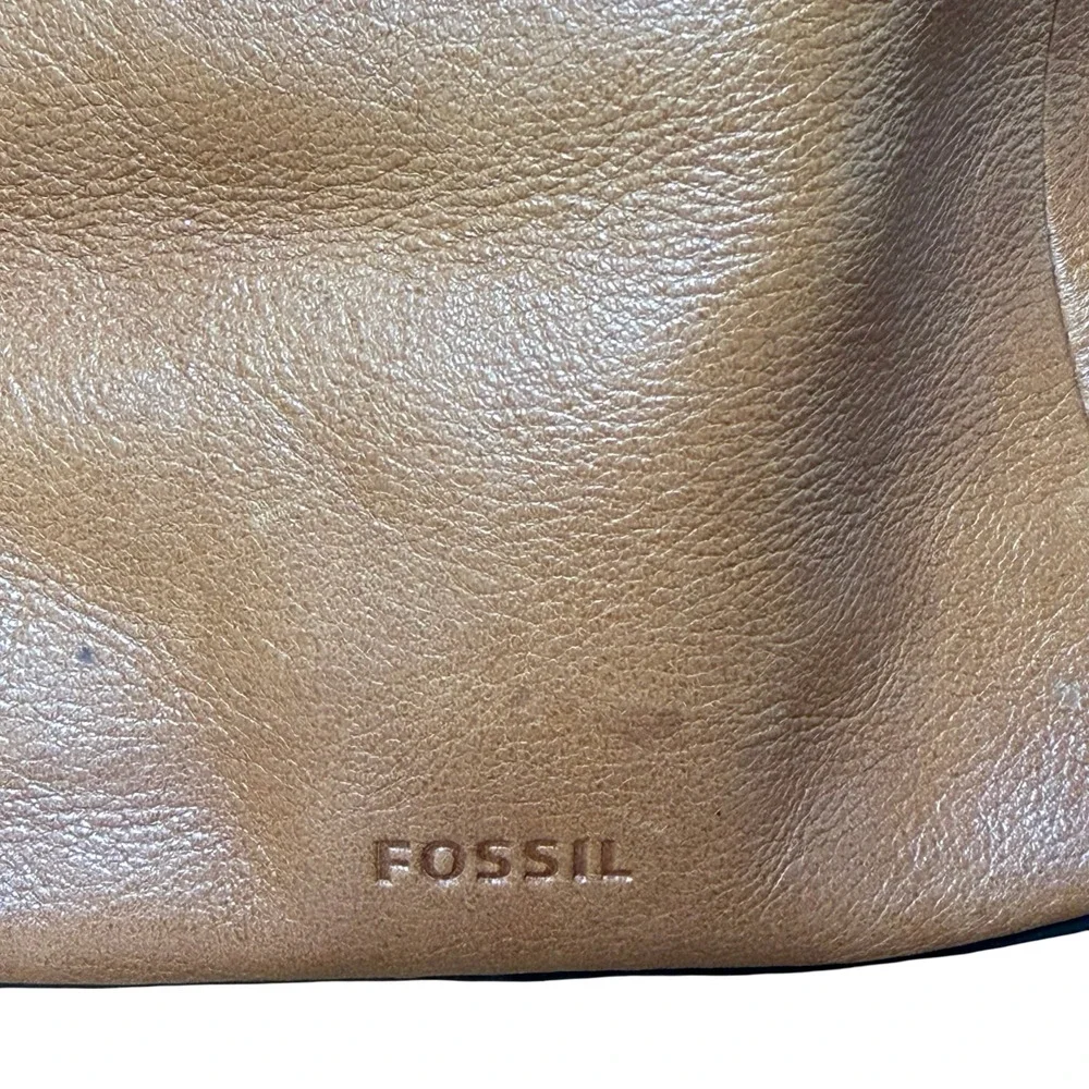 Fossil Leather & Canvas Tan Handbag Shoulder Bag Drawstring Bucket Purse 13x11x6